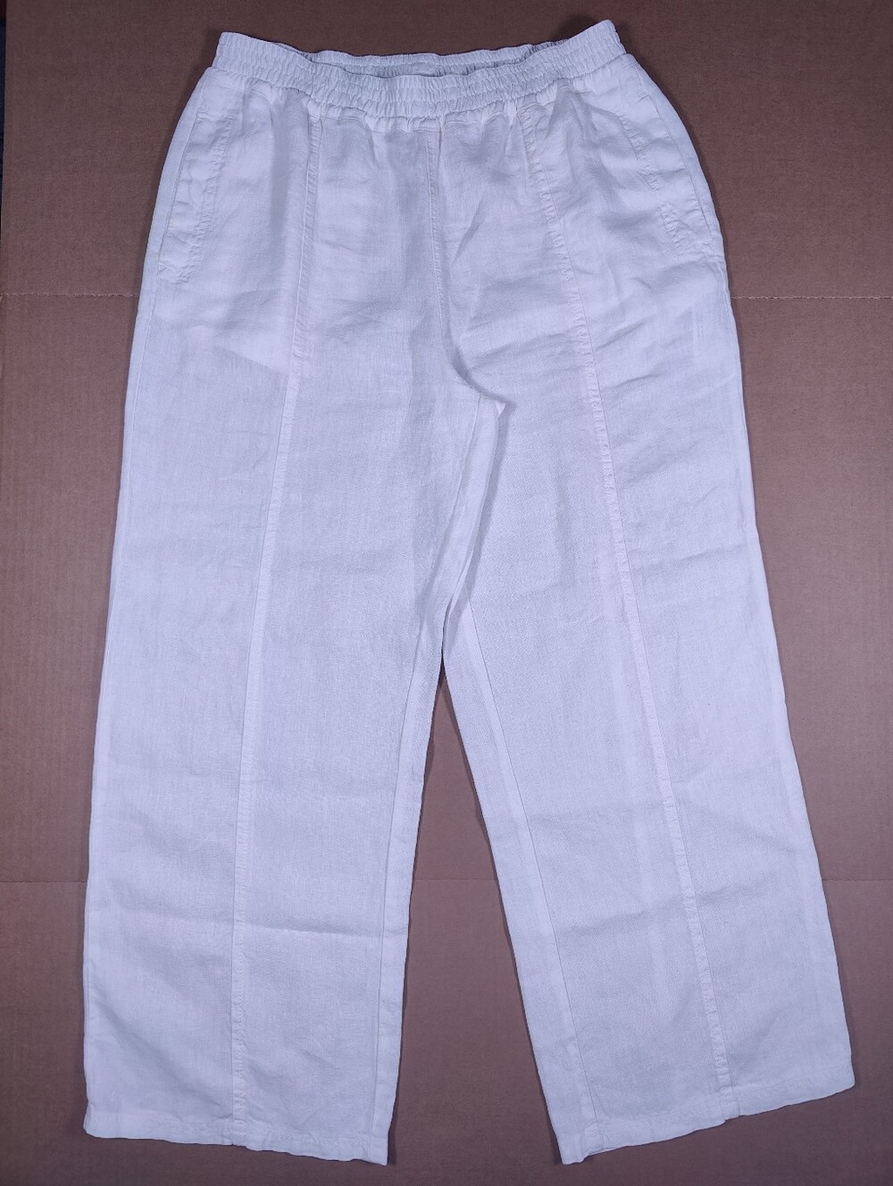 NWOT Wrap London Women White 100% Linen Ultra Wide Pull On Pants Size 12